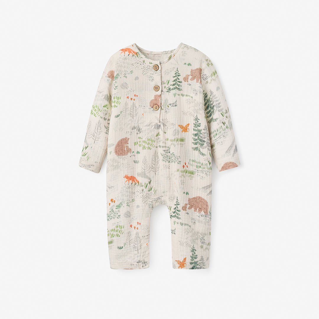 Bear Print Long Sleeve Organic Muslin Baby Jumpsuit