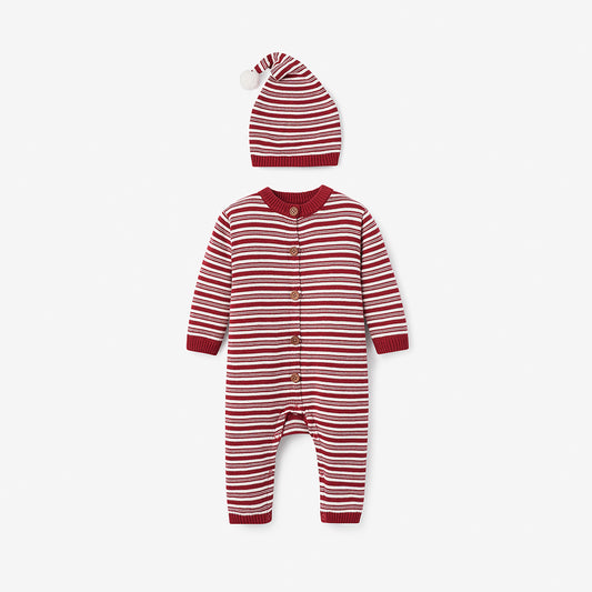 Holiday Striped Baby Jumpsuit & Sleepy Cap Set