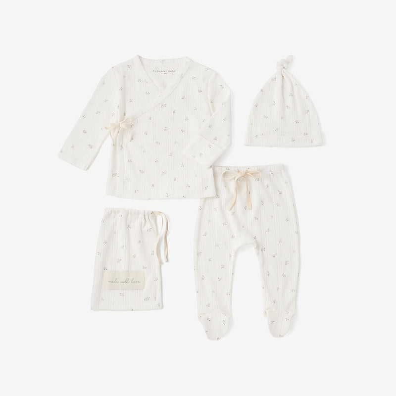 White Floral Organic Cotton Pointelle Layette 3 Pc Gift Set