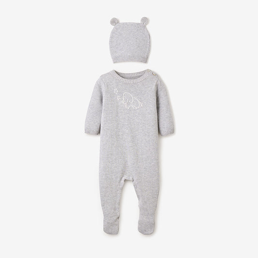 Hand Embroidered Elephant Knit Jumpsuit with Hat