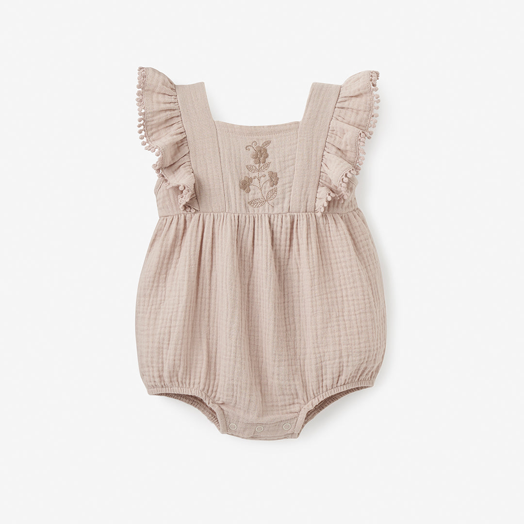 Taupe Embroidered Organic Muslin Bubble Romper