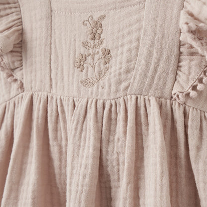 Taupe Embroidered Organic Muslin Flutter Dress Set