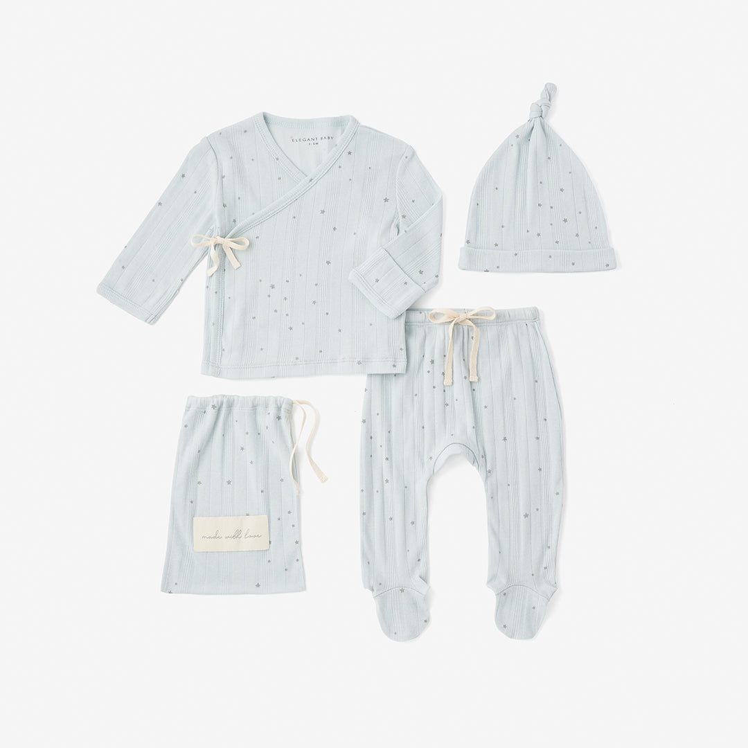 Blue Celestial Organic Ribbed Cotton Layette Set – Elegant Baby